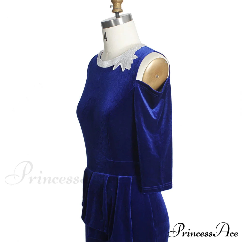 for - Mermaid - Full-Length Ruffle Formal Velvet Evening Vintage Party Long Women Gown Peplum with Gown Blue Dress