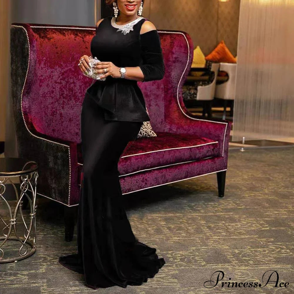 for - Mermaid - Full-Length Ruffle Formal Velvet Evening Vintage Party Long Women Gown Peplum with Gown Blue Dress