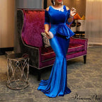 for - Mermaid - Full-Length Ruffle Formal Velvet Evening Vintage Party Long Women Gown Peplum with Gown Blue Dress