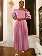 for Pink Gown Full-Length Arm Shoulder Evening Cold Ruched Women