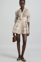 Wyetha Standing Neck Lantern Sleeve Mini Dress