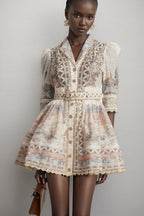 Wyetha Standing Neck Lantern Sleeve Mini Dress