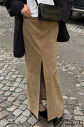 French Retro Suede High Waist Split Maxi Skirt