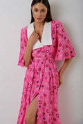 French Spread Collar Short Sleeve Button Down Floral Midi Dress - Pink