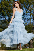 French Style Ruffle V Neck Sleeveless Tiered Tulle Evening Maxi Dress - Blue