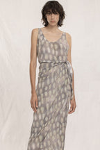 French Style Shell Printed Tie Side Sleeveless Silk Maxi Dress - Purple Gray