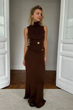 French-Style Sleeveless Turtleneck Cotton Wool Blend Two Piece Set