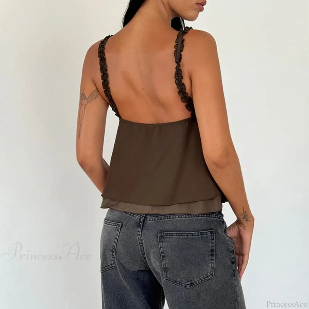 Frill Spaghetti Strap Chiffon Ruffled Crop Top