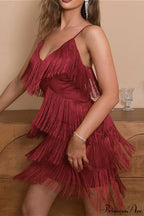 Fringe Plunging V Neck Cami Slim Party Dress