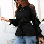 Front Lace Arm Flounce Cap Tie Blouse
