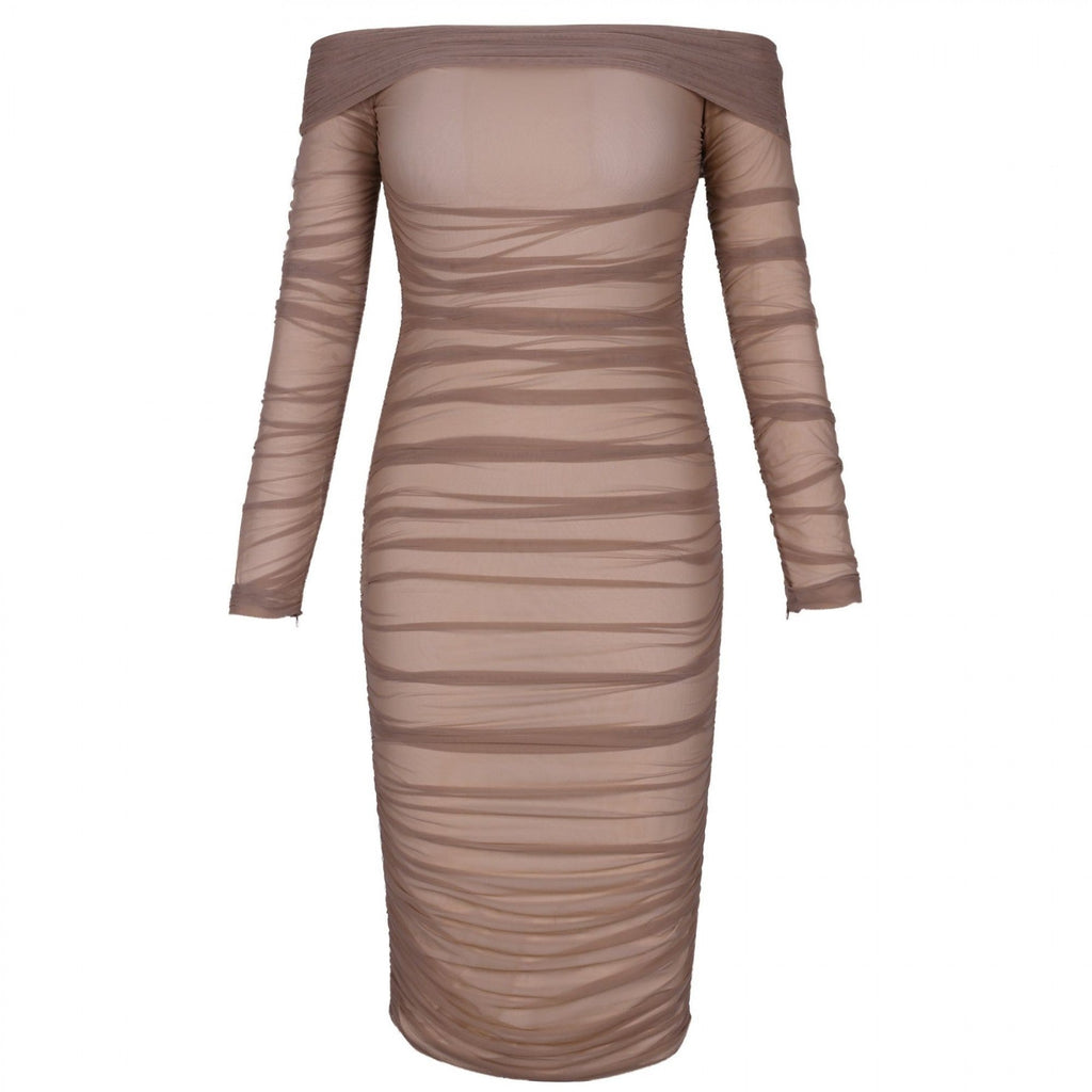 Off Shoulder Long Sleeve Ruched Mini Bodycon Dress FSP19054