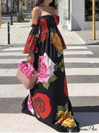 Full-Length Shoulder Flowered Warm-Season Off Dress