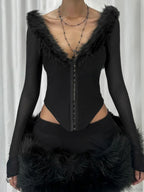 Fur Collar V-neck Knit Top