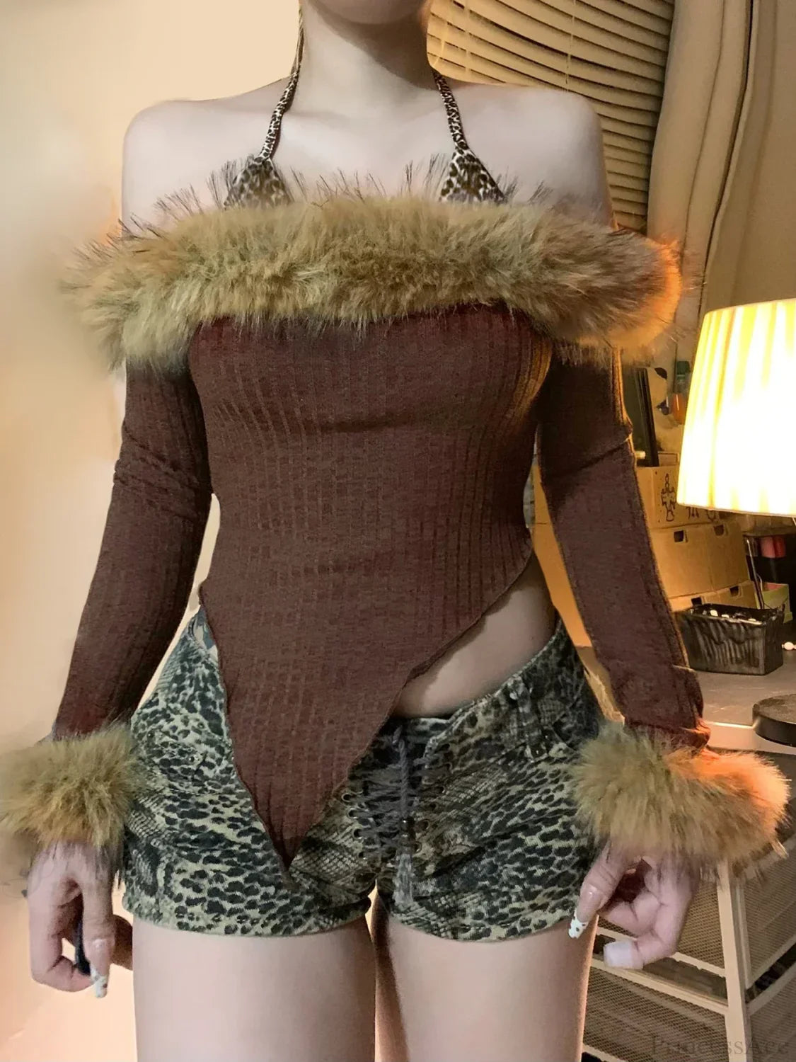 Fur Halter Knit Top