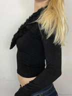 Fur Trim Slim Deep V-Neck Knitted Long Sleeve Knit Top