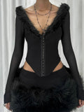 Furry Collar V-neck Knit Top