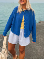 Fuzzy Button-Front Long Sleeve Knit Cardigan