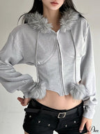 Fuzzy Collar Long Sleeve Cropped Waist-Tied Hoodie
