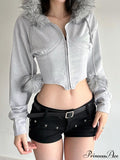 Fuzzy Collar Long Sleeve Cropped Waist-Tied Hoodie