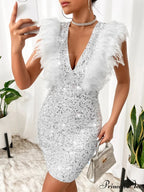 Fuzzy Trim Sequin Zip Back Bodycon Dress