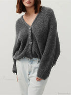 Fuzzy V-neck Button-front Cardigan