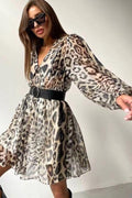 Gail Printed V - neck Belted Chiffon Mini Dress