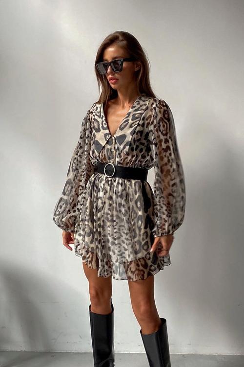 Melisa Timeless Printed Chiffon V Neck Mini Dress with Belt Designer Edit