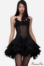 Ganili Spaghetti Sheer Charming Ruffle Mini Dress