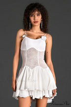 Ganili Spaghetti Sheer Charming Ruffle Mini Dress