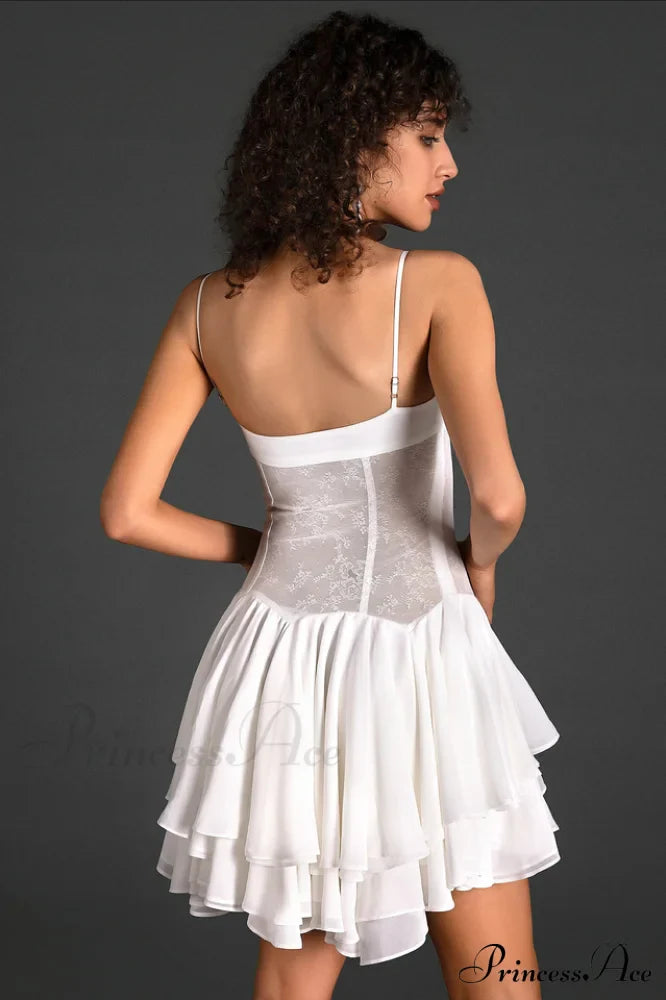 Ganili Spaghetti Sheer Charming Ruffle Mini Dress