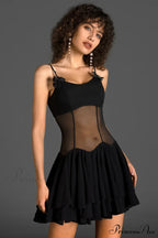 Ganili Spaghetti Sheer Charming Ruffle Mini Dress