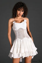 Ganili Spaghetti Sheer Charming Ruffle Mini Dress