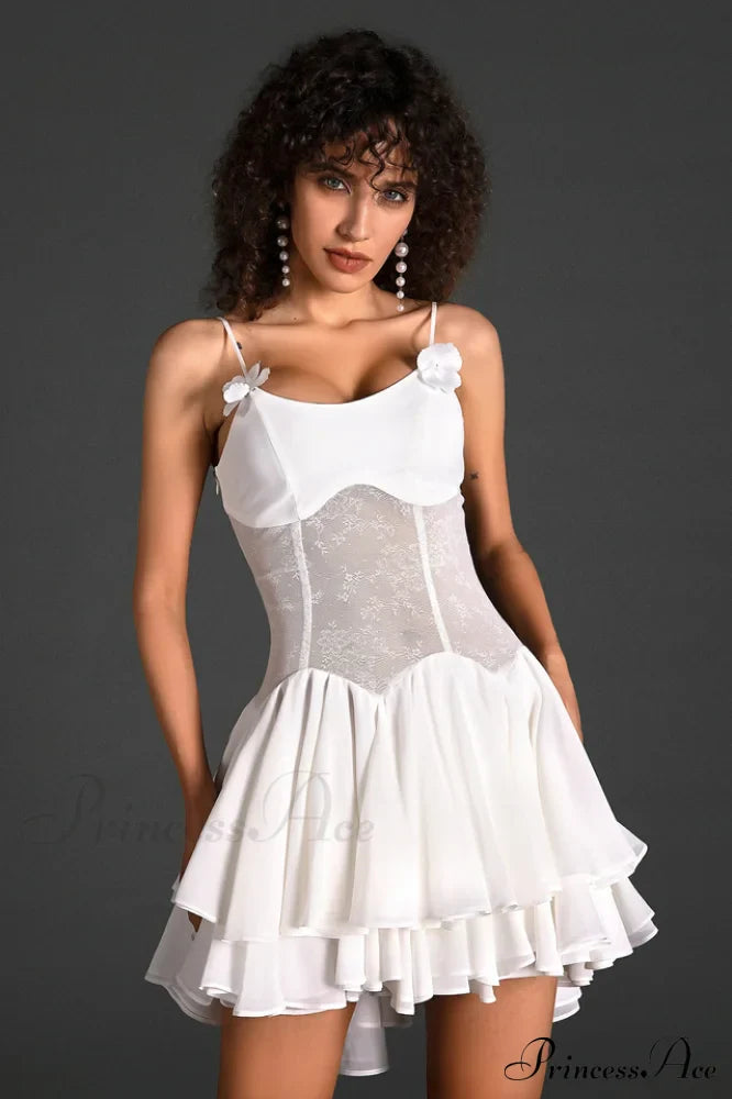 Ganili Spaghetti Sheer Charming Ruffle Mini Dress