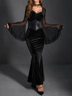 Gathered Net Flare Sleeve Full-Length Dress