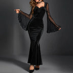 Gathered Net Flare Sleeve Full-Length Dress