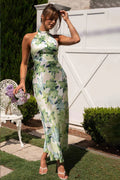 Renata Timeless Printed Halterneck Midi Dress in Backless Satin Statement Occasion Edit