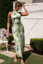 Abigail Chic Printed Halterneck Midi Dress in Backless Satin Premium Wardrobe Essential