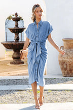 Flor Effortless Ruched Denim Midi Shirt Dress with Knot Detail Statement Occasion Edit