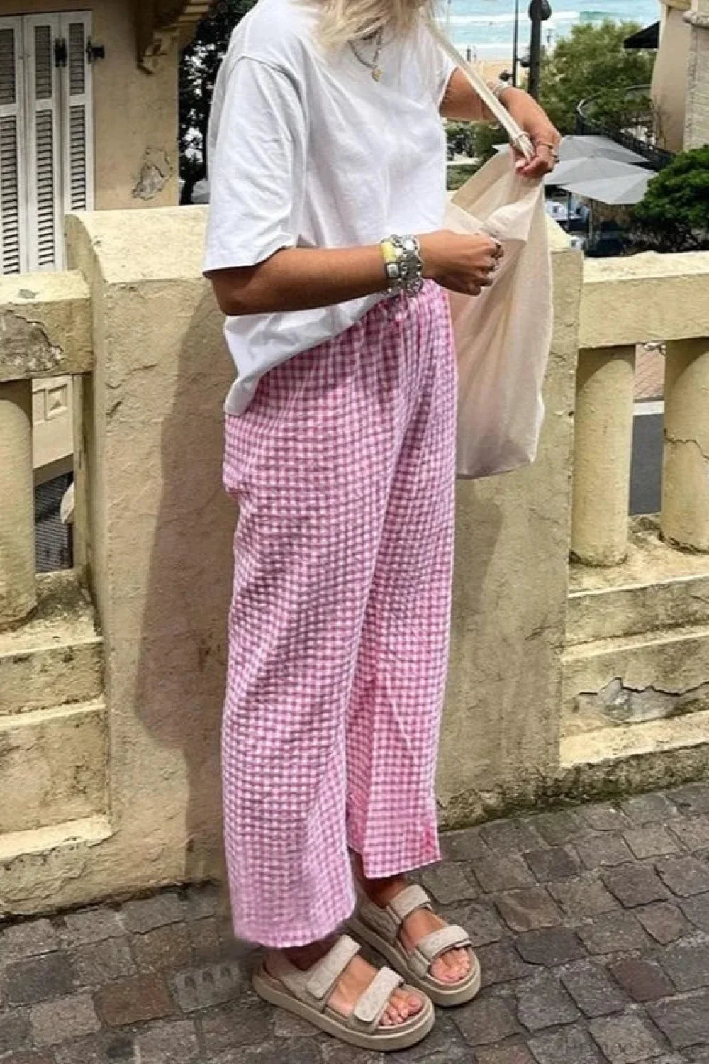 Gingham Print Elastic Waist Drawstring Lounge Pant
