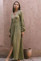 Nicolasa Statement Pleated V Neck Milkmaid Maxi Dress Boutique Collection