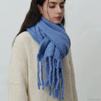 Glacier Blue Knitted Wool Scarf with Tassels for Women