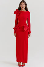 Glamorous Big Bow Crew Neck Long Sleeve Cutout Back Split Evening Maxi Dress - Red