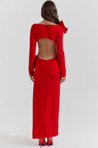 Glamorous Big Bow Crew Neck Long Sleeve Cutout Back Split Evening Maxi Dress - Red