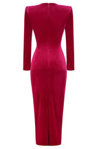 Glamorous Long Sleeve Twist Draped Front Split Velvet Evening Maxi Dress - Rose