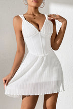 Glamorous Ribbed Deep V Neck Pleated Sleeveless Party Mini Dress - White