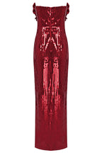 Glamorous Rosette Applique Deep V Strapless Sequin Evening Maxi Dress - Red