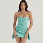 Glamorous Satin Ruched Strapless Corset Party Mini Dress - Aquamarine