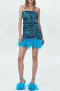 Glamorus Feather Trim Strapless Velvet Sequin Party Mini Dress - Blue