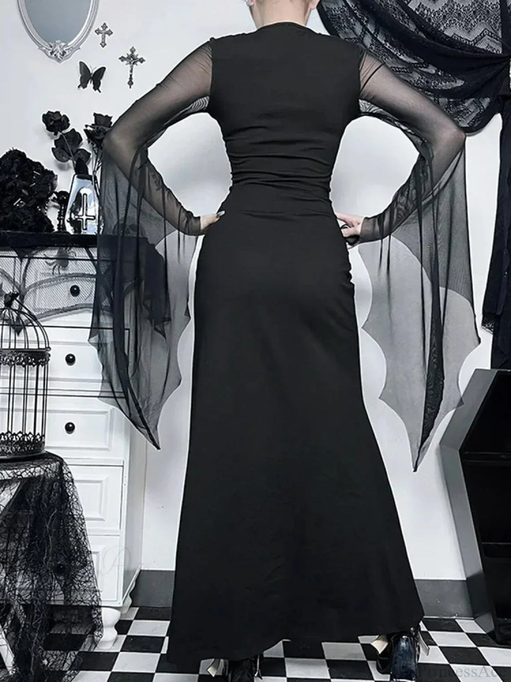 Gloomy Halloween Net Patchwork Flare Sleeve Full-Length Dress
