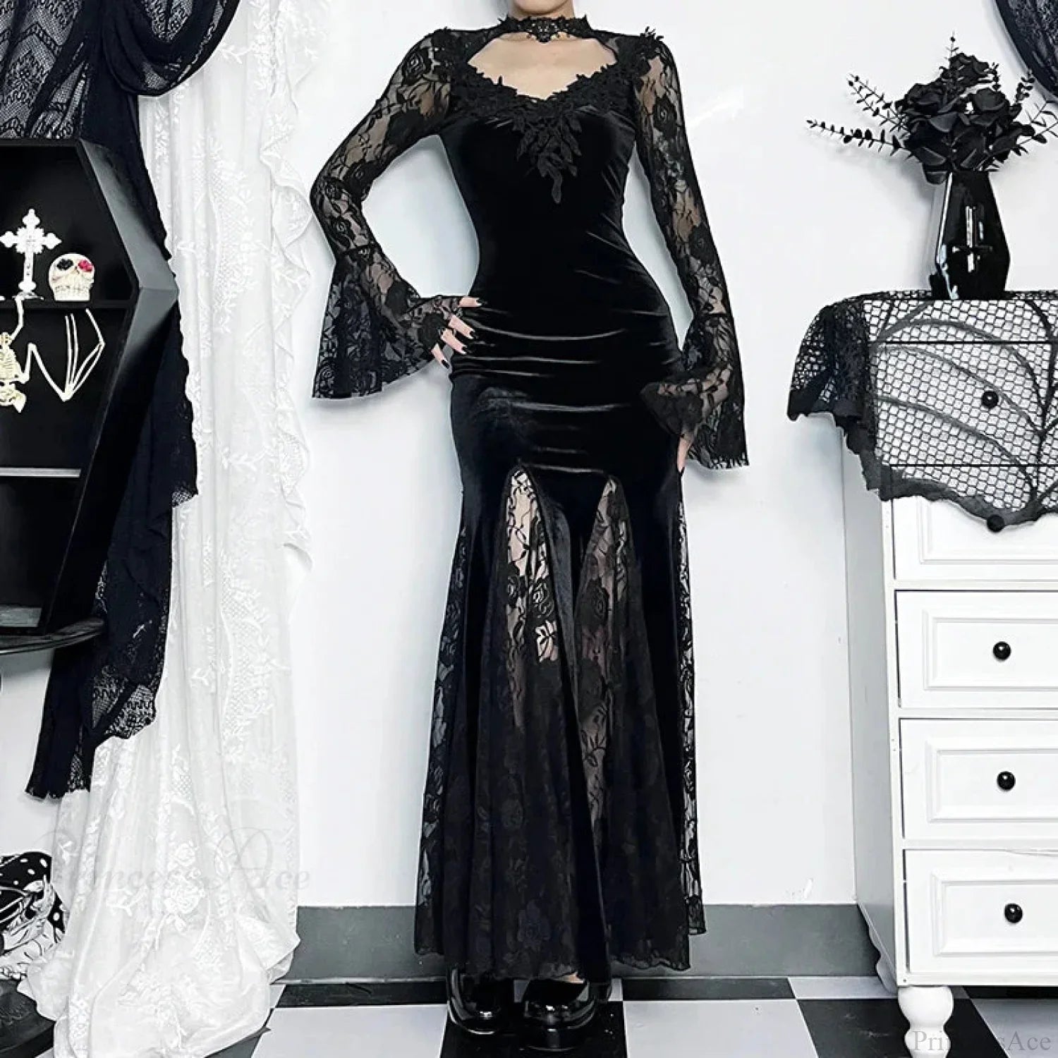 Gloomy Lace Fishtail Tiny Slim Midi Dress